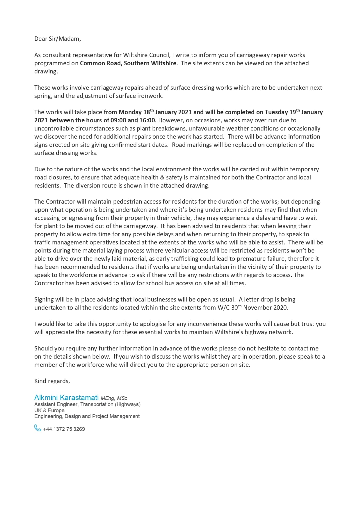 Letter about roadworks - click to download pdf