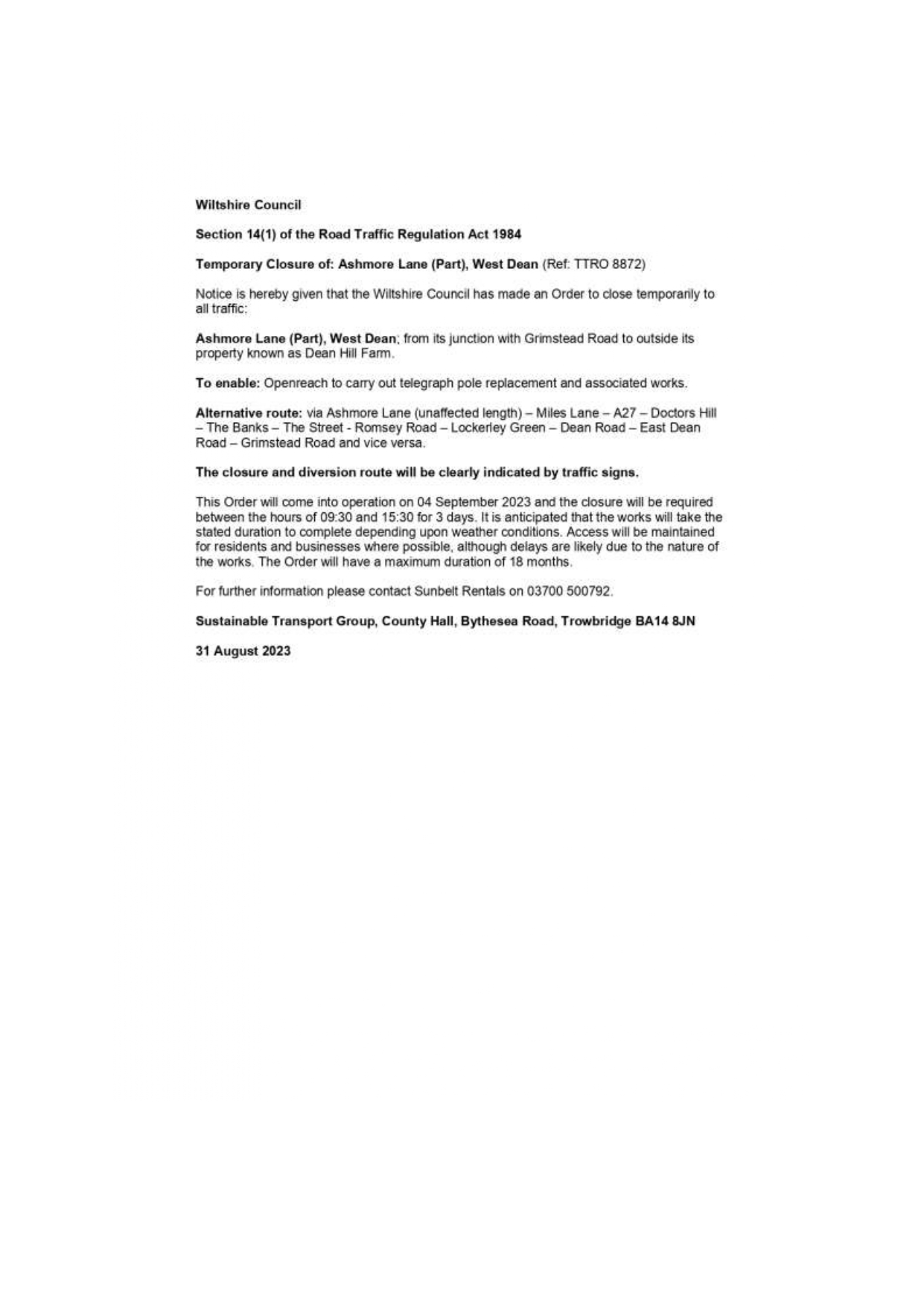 Dean Lane/Ashmore Lane Closure